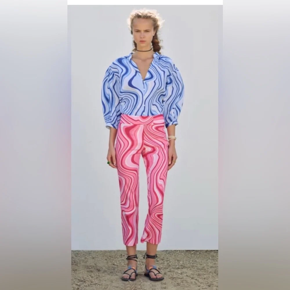 NWT Zara Linen Blend Crop Pants Pucci-like Swirl Design M necklace earrings set